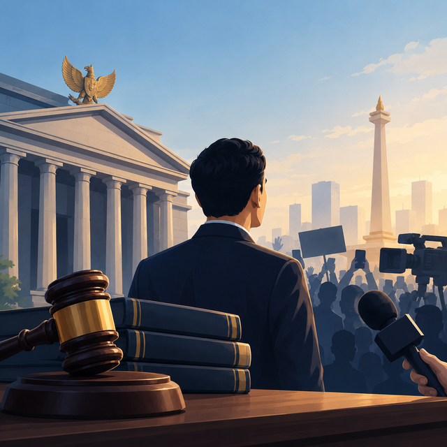 Ilustrasi dinamika litigasi konstitusional, kekuasaan politik, dan pembentukan opini publik dalam perkara persyaratan pendidikan Gibran. Sumber: Ilustrasi dibuat menggunakan AI oleh penulis