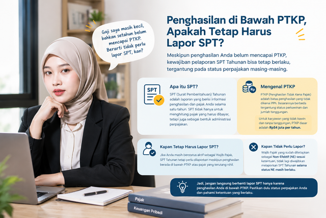 Ilustrasi kewajiban pelaporan SPT Tahunan bagi wajib pajak dengan penghasilan di bawah PTKP. (Ilustrasi : AI)