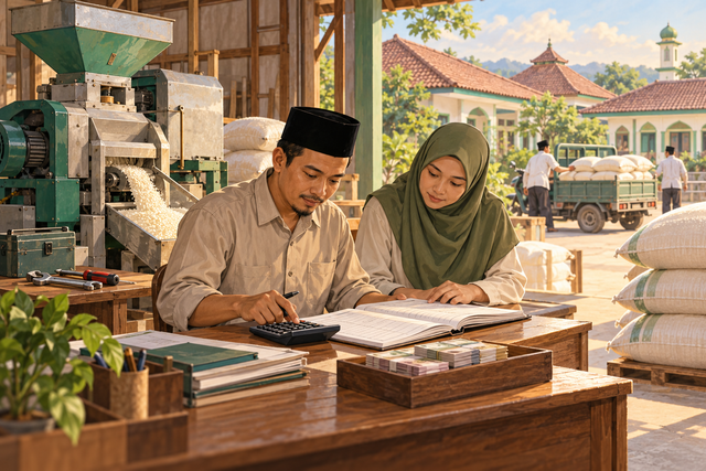 Kemandirian usaha pesantren diuji dari kemampuan menjaga produksi, membayar biaya rutin, dan menyediakan cadangan perawatan alat. Ilustrasi dibuat dengan AI
