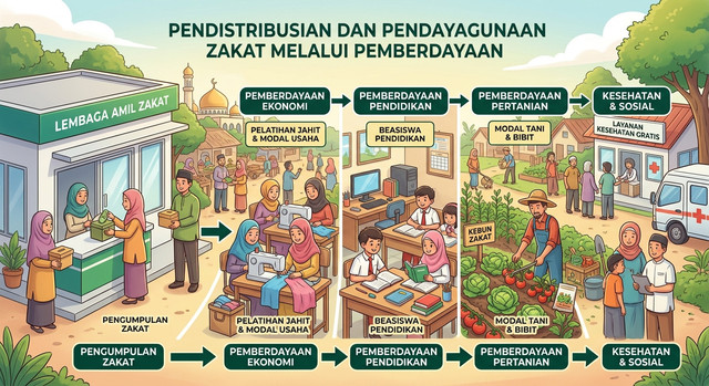Ilustrasi Alur Pendistribusian dan Pendayagunaan Zakat. (Sumber Foto : AI/Gemini