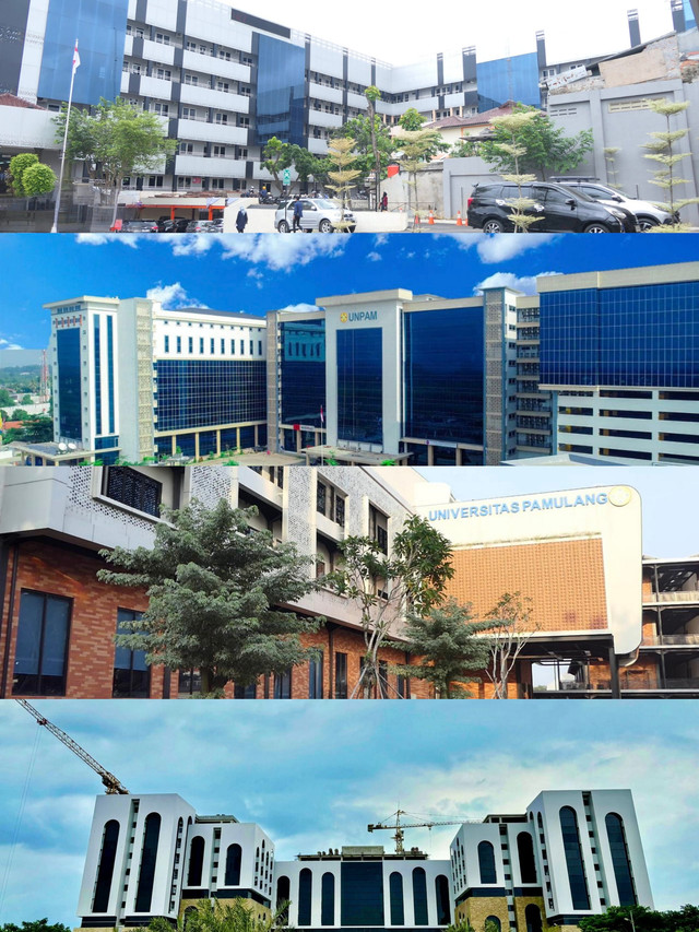 Empat kampus Universitas Pamulang (UNPAM) yang menunjukkan perluasan dan transformasi pesat dari waktu ke waktu: Kampus 1 Surya Kencana Pamulang (paling atas), Kampus 2 Viktor Serpong (kedua dari atas), Kampus 3 Witana Harja Pamulang (ketiga dari atas), dan proyek pembangunan Kampus 4 PSDKU Serang (paling bawah). Perkembangan fisik ini menjadi bukti komitmen UNPAM dalam memperluas akses pendidikan tinggi yang terjangkau bagi masyarakat luas. (Sumber foto: unpam.ac.id)