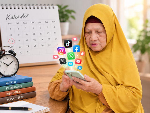 Seorang Ibu yang sudah menua sambil memegang gadgetnya (Sumber Dokumen: Foto Pribadi)