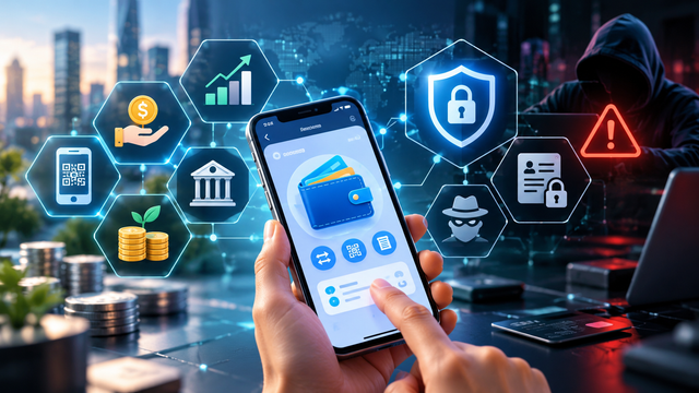 Sumber Foto:Ilustrasi penggunaan fintech dan risiko keamanan digital dalam transaksi keuangan masyarakat. Sumber: Ilustrasi AI, dibuat dengan ChatGPT.