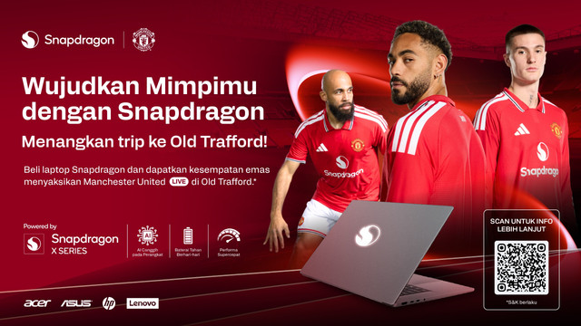 Beli laptop Snapdragon X Series dapat kesempatan menang perjalanan gratis ke Old Trafford untuk dua orang serta jersey Manchester United. Foto: Dok. Snapdragon