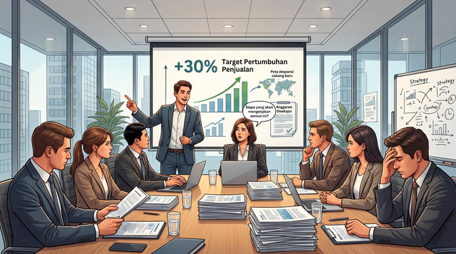 Ilustrasi gambar generated AI yang menggambarkan kesenjangan antara rencana bisnis yang sudah matang dengan kesiapan sumber daya manusia untuk menjalankannya.