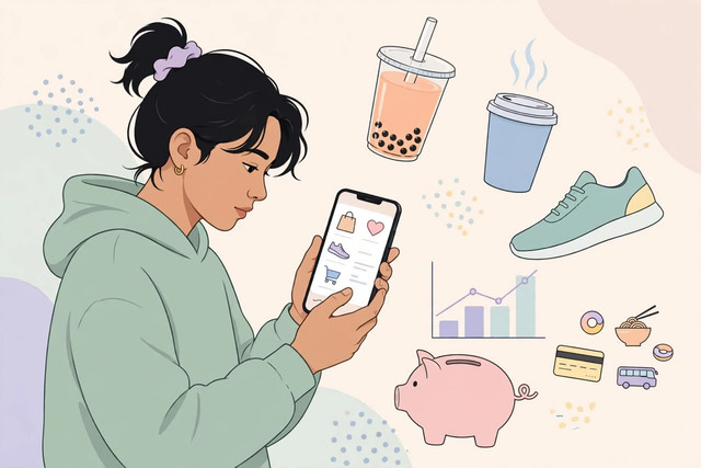 ilustrasi kebiasaan belanja Gen Z di era digital.Generasi muda kini mudah tergoda belanja kecil seperti kopi,boba,hingga trend  fashion lewat ponsel, sehingga perlu strategi mengelola keuangan yg bijak.(ilustrasi dibuatan dengan AI).