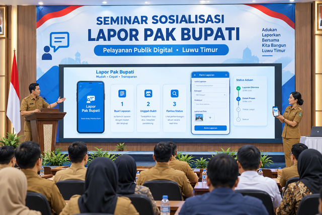 Ilustrasi AI — seminar pemerintah daerah dengan demonstrasi aplikasi pengaduan masyarakat.