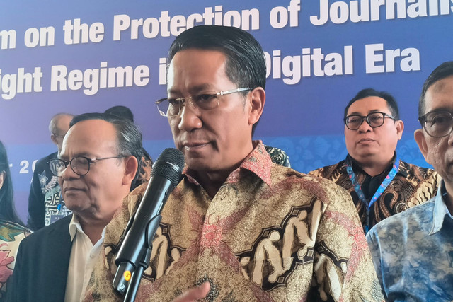 Menteri Hukum Supratman Andi Agtas dalam acara ASEAN Forum on the Protection of Journalistic Works in the Copyright Regime in the Digital Era, Kuta, Bali, Sabtu (10/10/2026). Foto: Sandra Gisela/kumparan