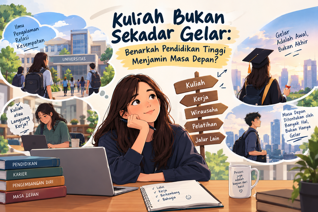 Kuliah Bukan Sekadar Gelar: Benarkah Pendidikan Tinggi Menjamin Masa Depan? Sumber: Ilustrasi dibuat menggunakan AI (ChatGPT–OpenAI), 2026.