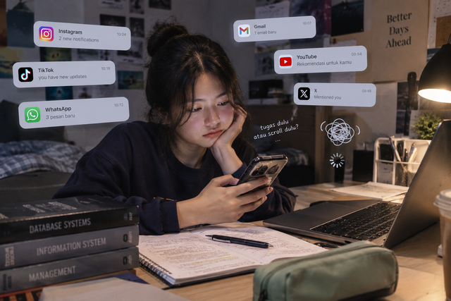 Distraksi Ponsel Saat Notifikasi Mencuri Fokus Belajar Kita. Sumber Gambar: Generate AI