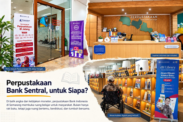 Perpustakaan Kantor Perwakilan Bank Indonesia Provinsi Jawa Tengah di Semarang menyediakan layanan bacaan fisik dan digital serta fasilitas yang mendukung akses pengetahuan bagi masyarakat. (Kolase: Dokumentasi Perpustakaan BI Jawa Tengah, diolah dengan AI)