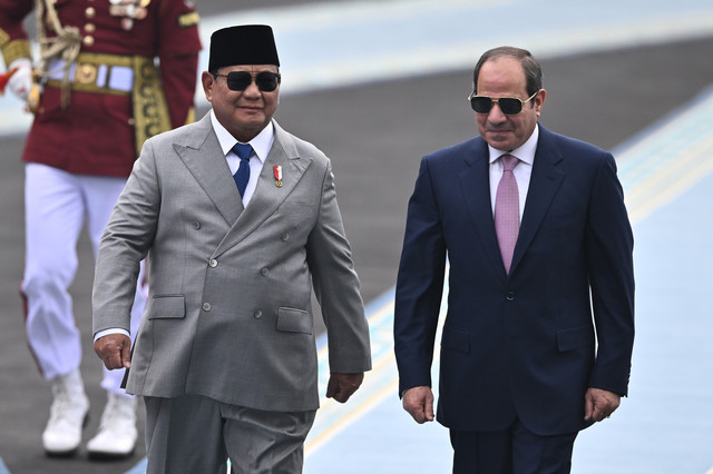 Presiden Prabowo Subianto (kiri) dan Presiden Mesir Abdel Fattah al-Sisi memeriksa pasukan di Istana Merdeka, Jakarta, Minggu (11/10/2026). Foto: Bayu Pratama S/ANTARA FOTO