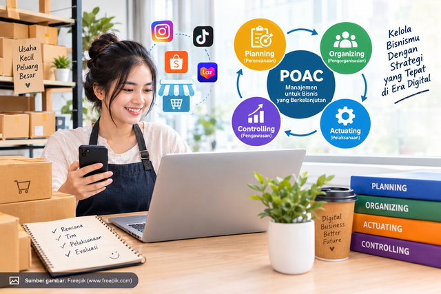 📝 Tulis keterangan gambar seperti iniDeskripsi gambar: Ilustrasi penerapan fungsi POAC dalam pengelolaan bisnis di era digital.Sumber/Kredit gambar: Ilustrasi dibuat menggunakan AI ChatGPT (OpenAI), 2026.