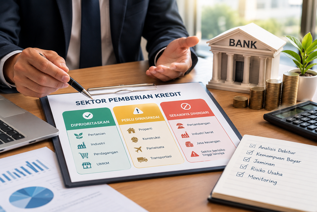 Gambar ini menampilkan analisis kredit bank dan pembagian sektor menjadi tiga kategori: diprioritaskan, perlu diwaspadai, dan sebaiknya dihindari. ‎Sumber: Ilustrasi dibuat dengan bantuan Artificial Intelligence (AI), 2026.