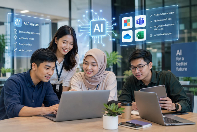 Sumber: Dokumentasi ilustrasi yang dihasilkan menggunakan AI generatif (OpenAI, 2026), dengan tema pemanfaatan kecerdasan buatan dalam dunia kerja. Materi pendukung: Microsoft Indonesia, Work Trend Index 2025.