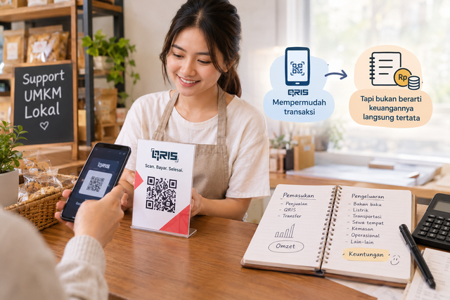 Ilustrasi: Penggunaan QRIS mempermudah transaksi UMKM, tetapi pencatatan dan pengelolaan keuangan tetap perlu dilakukan secara teratur. Gambar dibuat menggunakan AI (OpenAI).