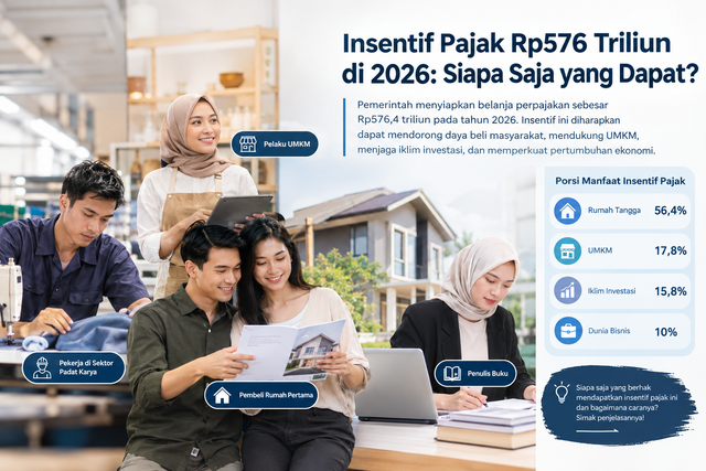 Ilustrasi penerima manfaat insentif pajak 2026, mulai dari pekerja sektor padat karya, pelaku UMKM, pembeli rumah pertama, hingga penulis buku. (Ilustrasi : AI)