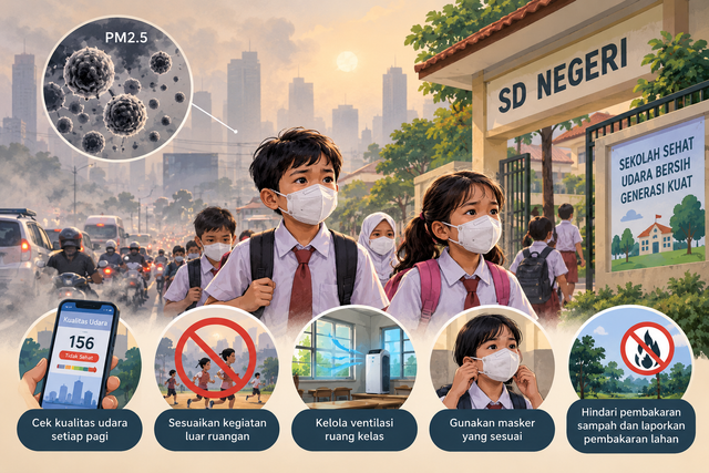 Sumber gambar: Ilustrasi dibuat menggunakan AI untuk mendukung opini tentang bahaya PM2.5 dan polusi udara bagi anak-anak sekolah.