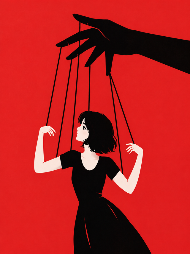 Ilustrasi perempuan sebagai boneka marionet yang melambangkan tekanan norma sosial. (Ilustrasi: AI)