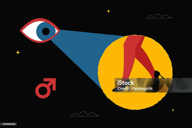 iStock: Sebuah mata melihat kaki seorang wanita dengan sepatu hak tinggi dari dekat. Metafora tatapan laki-laki. Simbol objektifikasi perempuan di bioskop dan media.