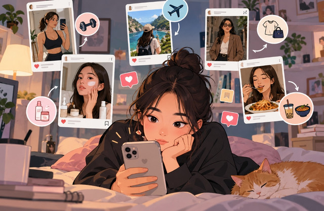 Ilustrasi seseorang yang terpengaruh berbagai tren dan gaya hidup dari konten influencer di media sosial. Foto: Ilustrasi/AI