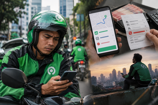 Ilustrasi ojek online: pengemudi menunggu pesanan di pinggir jalan. Sumber: Dok. Pribadi/AI