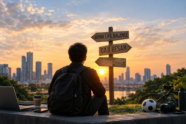 Sumber Koleksi foto dari penulis.   Potret Genz sedang kebingungan memilih antara gaji besar atau work life balance. 