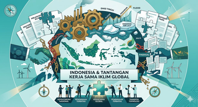 ilustrasi gambar mengenai Indonesia dan tantangan kerja sama iklim global di buat dari Chatgpt AI