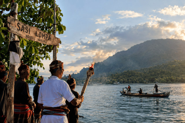 Tradisi Sasi Lompa di Negeri Haruku, Maluku, menjadi salah satu bentuk kearifan lokal dalam mengatur pemanfaatan sumber daya perikanan dan menjaga kelestarian lingkungan. Sumber Foto: Generated AI