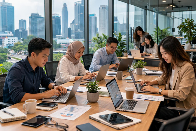 Ilustrasi kerja sama dan komunikasi antarkaryawan Sumber: Pexels — People Working in an Office
