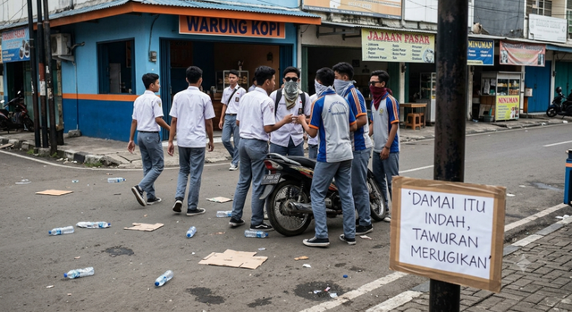 Foto ini memperlihatkan sekelompok pelajar SMA yang berkumpul di area persimpangan jalan di depan pertokoan (Gemini)