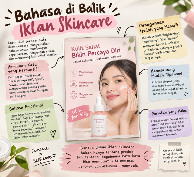 Ilustrasi "Bahasa di Balik Iklan Skincare" menampilkan visual produk skincare. Foto: Di buat oleh AI