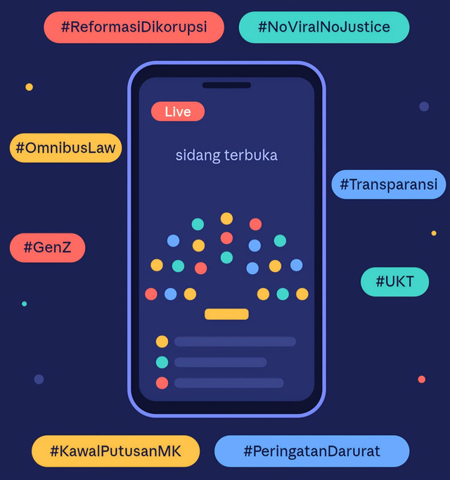 Ilustrasi Ruang Parlemen Baru: ponsel berisi kursi parlemen dan tagar gerakan Gen Z, dibuat menggunakan AI