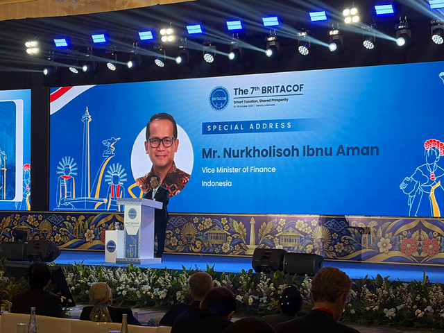 Wakil Menteri Keuangan Nurkholisoh Ibnu dalam sambutannya di The 7th BRITACOF di Hotel Mulia Senayan, Jakarta Selatan, Selasa (13/10/2026). Foto: Najma Ramadhanya/kumparan