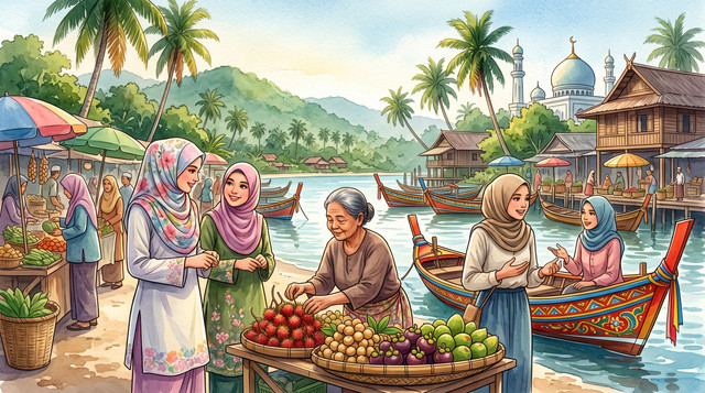 Ilustrasi aktivitas perempuan di pesisir Thailand Selatan. (Foto: AI Generated)