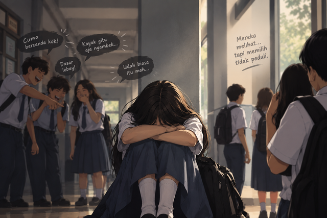 Dampak bullying di lingkungan sekolah, ketika korban mengalami tekanan akibat ejekan yang dianggap candaan, sementara orang-orang di sekitarnya memilih diam dan tidak peduli. Sumber gambar: Ilustrasi dibuat oleh AI.