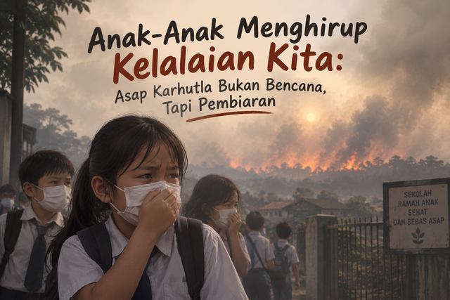 Anak-anak yang harus menghirup asap akibat kebakaran hutan dan lahan (karhutla), sebagai gambaran dampak kelalaian manusia dan kurangnya penanganan terhadap lingkungan. Sumber gambar: Ilustrasi dibuat oleh AI.