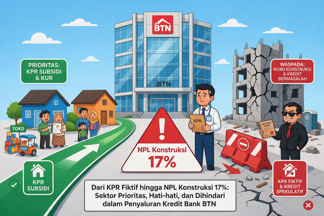 BTN, KPR subsidi, KUR, NPL konstruksi, KPR fiktif, kredit konstruksi spekulatif, penyaluran kredit BTN, pengembang properti, manajemen risiko perbankan, OJK. Sumber : Generated AI (2026)