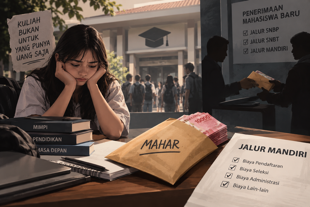 Ketimpangan dalam penerimaan mahasiswa baru, ketika biaya dan dugaan praktik suap berpotensi menggeser kesempatan pendidikan yang seharusnya adil bagi semua orang. Sumber gambar: Ilustrasi dibuat oleh AI.
