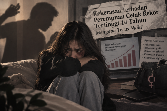 Dampak kekerasan terhadap perempuan, yang menggambarkan penderitaan korban, budaya menyalahkan korban, serta pentingnya perlindungan dan keberanian untuk melaporkan kekerasan. Sumber gambar: Ilustrasi dibuat oleh AI.