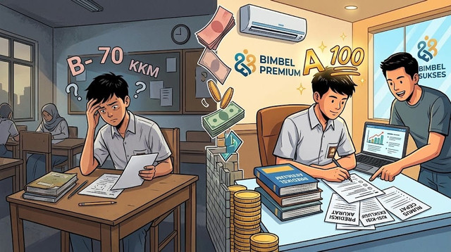 Ilustrasi ketika siswa belajar semalaman suntuk dari buku paket, tetapi nilai sempurna justru dijual sebagai jalan pintas di pasar bimbel. Generated by AI (GeminiAI).