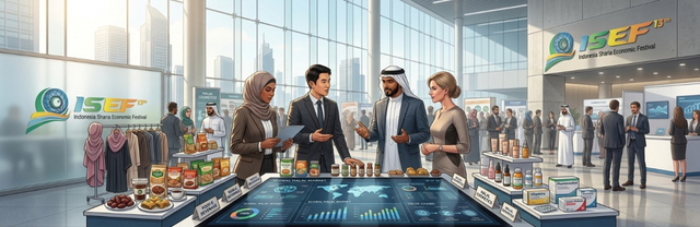 Ilustrasi Pameran Industri Halal dan Ekonomi Syariah pada penyelenggaraan Indonesia Sharia Economic Festival (ISEF) ke-13, menampilkan kolaborasi global, keragaman produk halal unggulan (makanan, kosmetik, farmasi, dan modest fashion), serta ekosistem keuangan syariah di Jakarta, Sumber: AI Generated