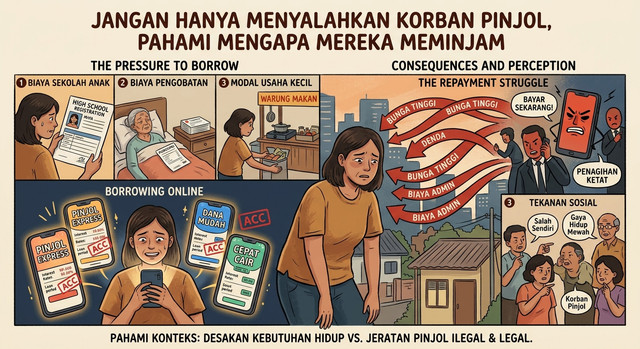 desakan kebutuhan hidup vs jeratan pinjol ilegal dan legal. foto tersebut merupakan ilustrasi 