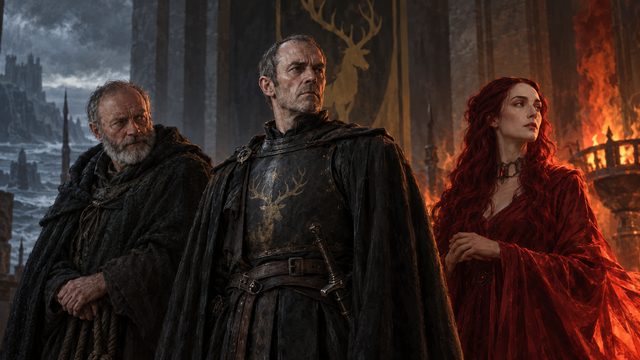 Ilustrasi Davos Seaworth, Stannis Baratheon dan Melisandre (Sumber: ChatGPT)