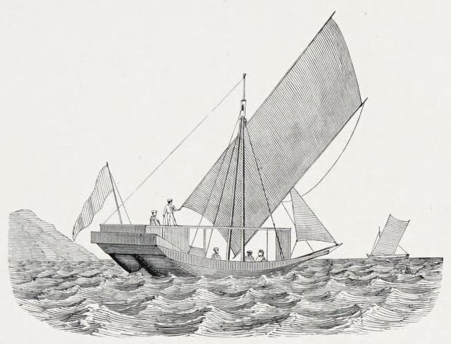 Ilustrasi kapal layar tradisional Kalimantan dan Sulawesi dalam The Sailing Boat (1906), karya Henry Coleman Folkard, yang menggambarkan keragaman tradisi pelayaran Nusantara. (sumber: archive.org)