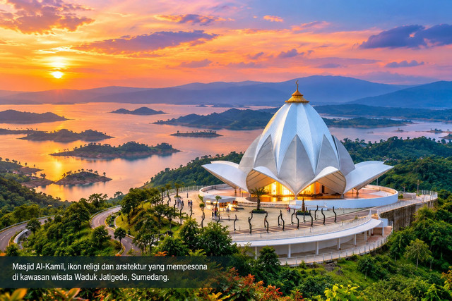 Mesjid Al Kamil menjadi icon destinasi wisata di Bendungan Jatigede Sumedang - Jawa Barat (sumber: AI Generated Image)