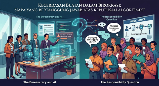 Ilustrasi AI dalam Birokrasi: Siapa yang Bertanggung Jawab atas Keputusan Algoritma? Visual dibuat dengan bantuan Gemini AI