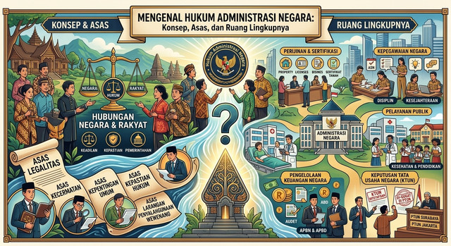 Ilustrasi Mengenal Hukum Administrasi Negara: Konsep, Asas, dan Ruang Lingkupnya. Visual dibuat dengan bantuan Gemini AI