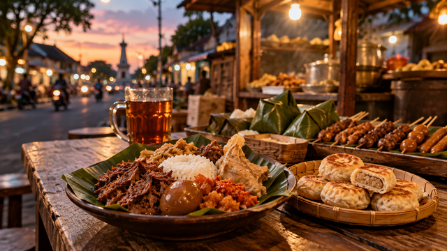 Ilustrasi wisata kuliner Yogyakarta dengan sajian gudeg, bakpia, dan aneka makanan khas angkringan. Gambar: Ilustrasi digital dibuat menggunakan AI melalui ChatGPT (OpenAI), 2026. Bukan dokumentasi lokasi sebenarnya.