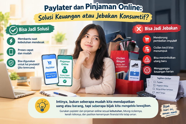 Ilustrasi penggunaan layanan paylater dan pinjaman online untuk memenuhi kebutuhan sehari-hari serta risiko perilaku konsumtif akibat penggunaan yang tidak bijak.(Foto, Ilustrasi AI)